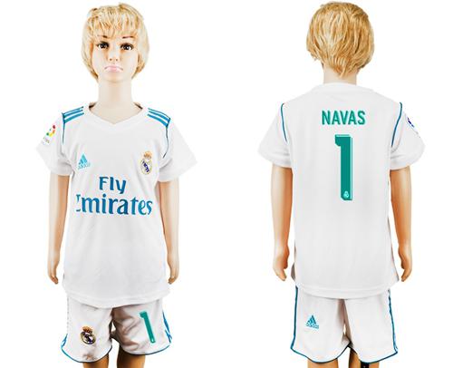 Real Madrid #1 Navas White Home Kid Soccer Club Jersey - Click Image to Close
